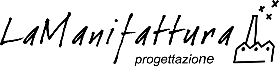 Logo Studio di Progettazione La Manifattura una piccola fabbrica stilizzata con comperture a shed e tre crocette che fuoriescono dal camino con il testo "La Manifattura progettazione"